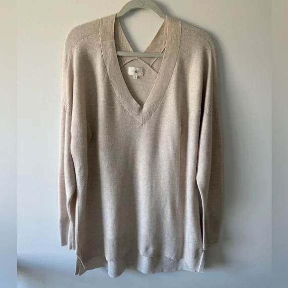 Lou & Grey V-Neck Tunic Sweater L Oatmeal Beige Oversized 100% Cotton EUC - Picture 3 of 15